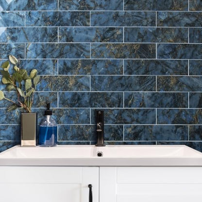 AULIGET 40-Piece Polished Blue Marble Peel and Stick Backsplash Wall Tiles, 3" x 12" PVC Faux Stone Stick on Tiles for Backsplash Kitchen, Bathroom, Laundry Room, Camper, Fireplace - color: Polished Blue Marble, size: 40 Pieces, 3"x12"x0.12"