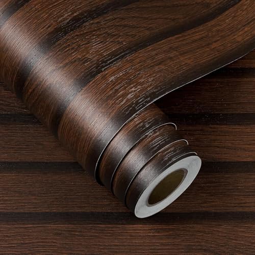 FunStick 36"x200" Dark Brown Slats Wood Peel and Stick Wallpaper Faux 3D Walnut Wood Slats Wall Paper Decor for Bedroom Bathroom Living Room Walls Shelves Removable Wood Grain Contact Paper Waterproof - size: 200" x 36"
