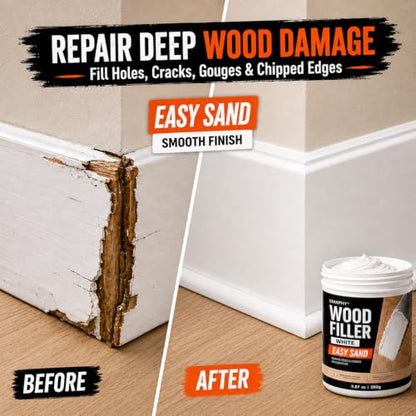 Wood Filler, Paintable & Sandable White Wood Putty for Hole & Crack Repair