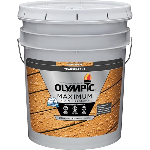 Olympic Maximum 5 gal Cedar Transparent Exterior Wood Stain & Sealer in One - color: Cedar, size: 5 Gallon, style: Transparent