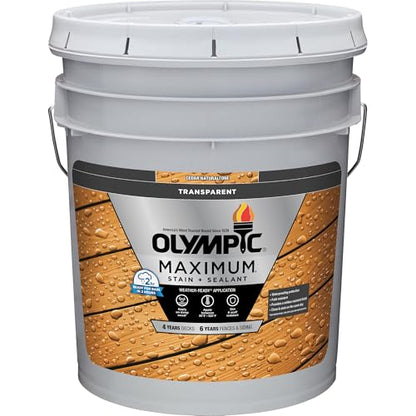 Olympic Maximum 5 gal Cedar Transparent Exterior Wood Stain & Sealer in One - color: Cedar, size: 5 Gallon, style: Transparent