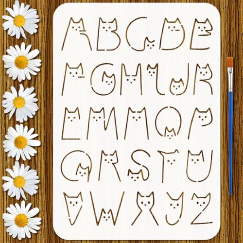 FINGERINSPIRE Cute Cat Letters Stencil with 1Pc Brush 8.3x11.7inch Cat Letters Painting Stencil Cats Letter Template Floral Theme Template for Painting on Wood Wall Furniture DIY Home Decoration - style: Cute Cat Letters