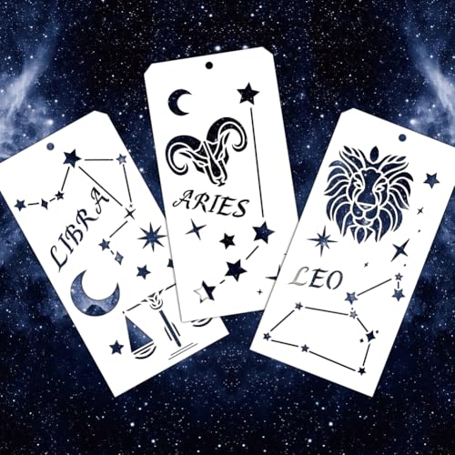 12 Pcs Stars Decorative Stencils, 12 Styles Star and Moon Stencil Reusable Star Zodiac Constellation Painting Stencils for Painting on Furniture Scrapbook Decor - style: Star and Moon