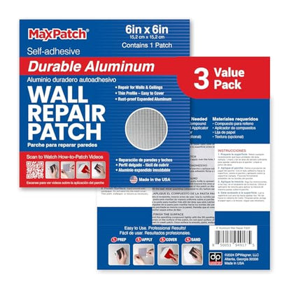 MaxPatch® 6 in. x 6 in. Aluminum Self-Adhesive Wall Repair Patch (3-Pack) – Expanded Perforated Rust-Resistant Aluminum with Strong Adhesive Backing for Interior Wall Repairs