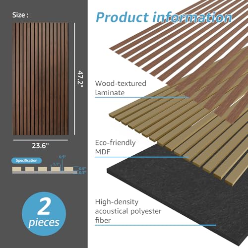 Art3d 2-Pack 3D Fluted Wood Sound Absorbing Slat Wall Panel, Dark Walnut - color: Dark Walnut, size: 2pcs - 47.2＊23.6in.