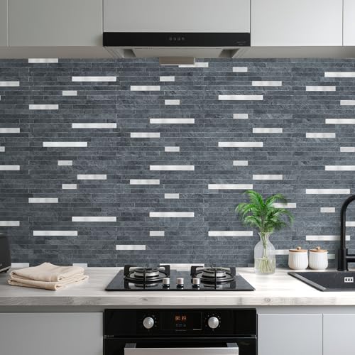 AULIGET 20 Sheets Black Slate Peel and Stick Backsplash, PVC Mixed Metal Silver Wall Tile Stick on Backsplash for Kitchen and Bathroom - color: Black Slate + Metal Silver, size: 20 Sheets, 6"x12"x0.12"