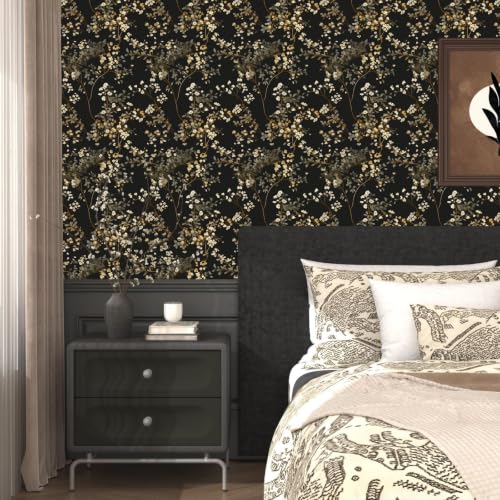 Fvlow Moody Black Dark Leaves Floral Peel and Stick Wallpaper 17.4" x 197" - color: Black/Muted Gold, size: 17.4" x 197"