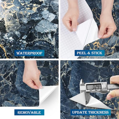FunStick 36"x200" Large Gold Dark Blue Marble Countertop Contact Paper Waterproof Marble Wall Paper Peel and Stick Countertops Adhesive Vinyl Countertop Wrap for Kitchen Bathroom Cabinet Wallpaper - color: Navy Blue and Gold, size: 200" x 36"