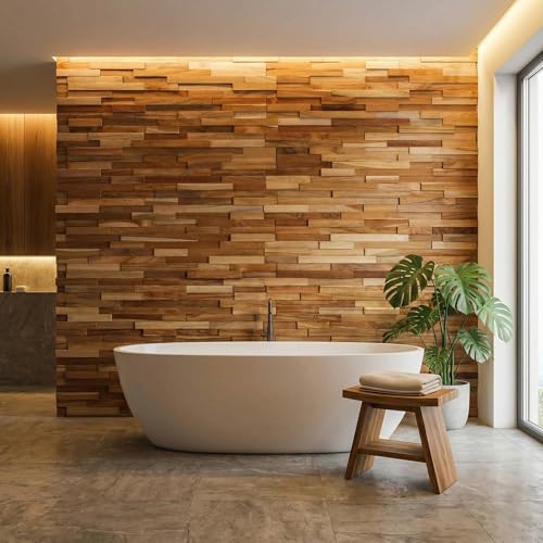 Bare Decor EZ-Wall 3D Mosaic Tile in Solid Teak Wood, Set of 10 Natural Finish Tiles - size: 10 sq ft