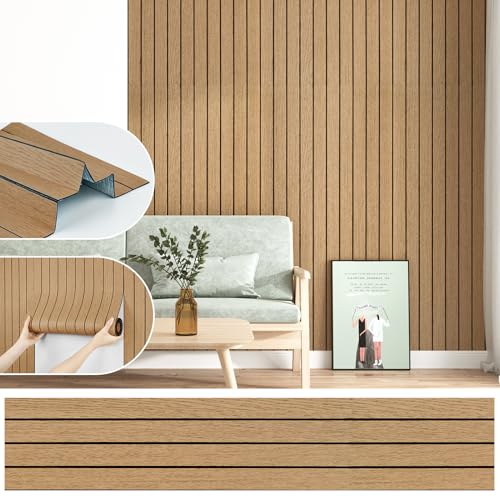 Brown Wood Panels for Wall Sound Proof Wood Slat Wallpaper Renter Friendly 3D Wall Paneling for Shelf Liner Art Deco Bedroom Living Room Entrance Hall PVC Textured Wooden Contact Paper - size: 11.8" x 118"