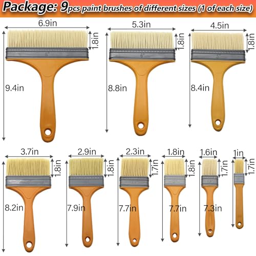 9Pack Chip Paint Brushes Soft Bristles Wall Painting Brush Varnish Wood Stain Brush Set for Furniture Fence Flat Brushes for Painting Oil Acrylic 1 1.5 2 2.5 3 4 5 6 8 inch
