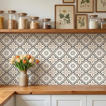 30 Count Moroccan Tile Decals 4 in – Self Adhesive Vinyl Wall Stickers, Waterproof Peel & Stick for Kitchen Backsplash, Bathroom, Stair Tread Accent, Neutral Tan/Black (Black) - color: Black