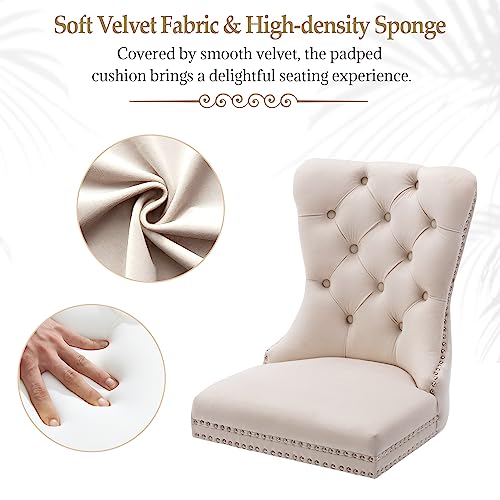 Beige Velvet Dining Chairs Set of 2, Elegant Tufted & Nailhead, Wood Legs - color: Beige, Wood Leg, size: set of 2