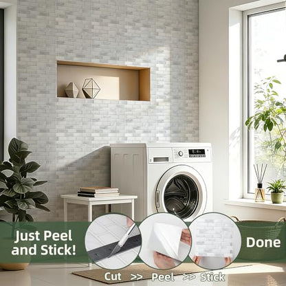 LONGKING Peel and Stick Subway Tile Backsplash for Kitchen, Vertical Strip Design, White Marble Tile, Waterproof Wall Sticker for Kitchen & Bathroom - color: Brick White Marble