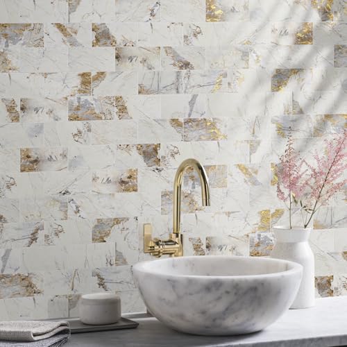 Vamos Tile 100-Pack Peel and Stick Backsplash Tile,3" x 6" PVC Subway Tile - color: Pandora Marble with Gold Veining