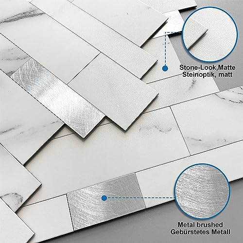 Stone Peel Stick Backsplash Tiles Kitchen Wall White Silver 10pcs - color: White Silver, size: 10sheets