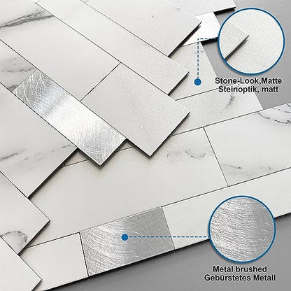 Stone Peel Stick Backsplash Tiles Kitchen Wall White Silver 10pcs - color: White Silver, size: 10sheets