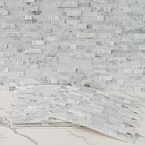 5-Sheet Real Stone Peel and Stick Backsplash — 3D Linear Marble Mosaic, 8mm Thick Solid Natural Stone Tiles for Kitchen, Fireplace & Vanity (11.5"x10.7", Mixed Gray) - color: Carrara white