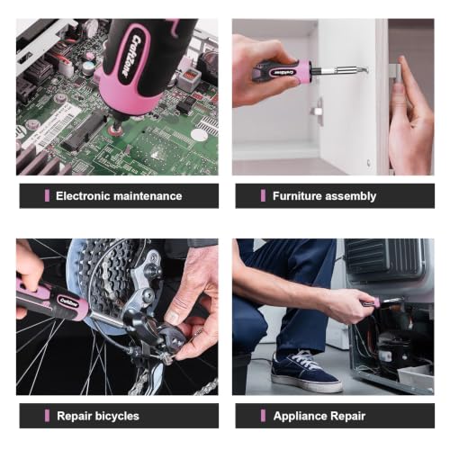 Rechargeable Cordless Electric Screwdriver Set, 28‑Piece Bit - color: Pink