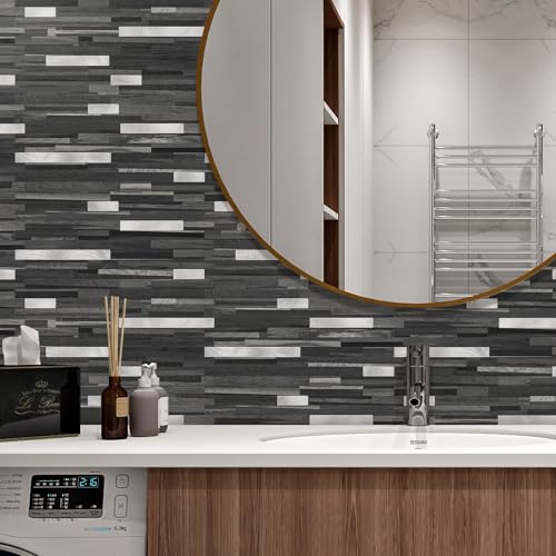 STICKGOO 20 Sheets Peel and Stick Backsplash Tile, Stick on Backsplash for Kitchen and Bathroom, Black Grey Wood Look PVC Mixed Metal Silver Self Adhesive Wall Tiles - color: Black Grey + Metal Silver