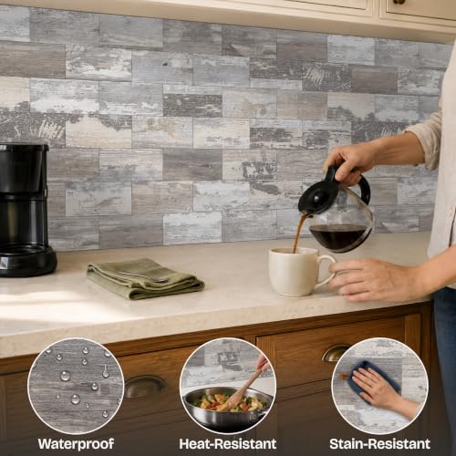 StyloVue 100 Pieces Peel and Stick Backsplash for Kitchen, 3" x 6" PVC Subway Tile Upgraded Distressed Wood Backsplash Stick on Tile Elevate Kitchen, Bathroom, Fireplace,RV - color: Distressed Wood