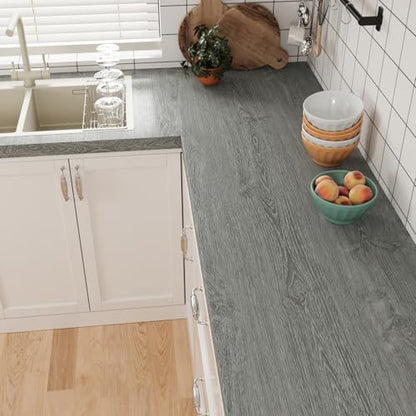 VEELIKE Ash Grey Wood Wallpaper Peel and Stick Countertop Waterproof Thick Wood Grain Contact Paper for Countertops Table 15.7''x354'' Self Adhesive Removable Cabinet Vinyl Wrap for Kitchen Bathroom - size: 15.7" x 354"