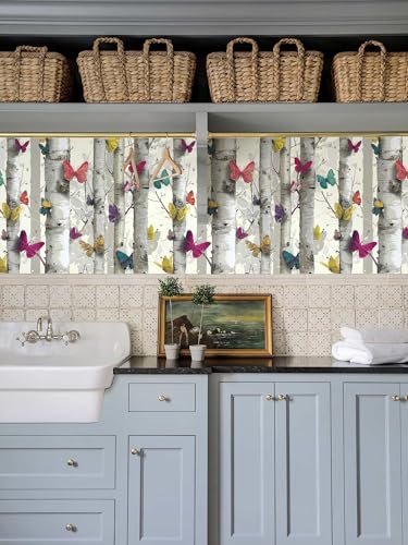 Birch Tree Peel and Stick Wallpaper, Butterfly Woodland Nature Wallpaper - color: ML-M095, size: 17.7" x 236"
