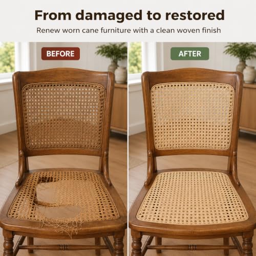 11 Pcs Rattan Repair Kit, Includes Cane Webbing Roll, 3/16 Inch Cane Webbing, 8 Wooden Wedges and Chisel Tool, Complete DIY Furniture Restoration Kit