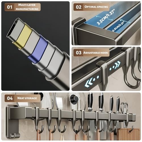 【No-Drill Adhesive for Kitchen】Utensil Rail with 8 Sliding Hooks – 11.8/15.75/19.69 Inch Rustproof Organizer for Pots, Lids & Tools, Scratch-Free Holder for Small Kitchens, Peel Off Without Damage - size: 11.81inch（30cm）