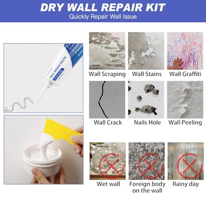 SEISSO Drywall Repair Kit, White- Wall Mending Agent 250 g* 2, Wall Repair Paste Plaster, 1 Pack Wall Putty, Repair Tape and Wall Repair Patch with 2inch 4inch, Quick Fill Crack and Nail Hole - style: 2pcs paste + putty