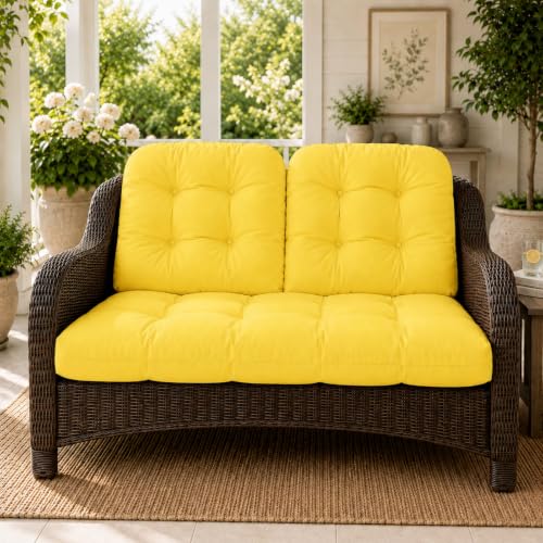 All Weather 3 Pieces Wicker Chair Cushions, Waterproof Outdoor Wicker Chair Cushion for Patio Furniture Loveseat Settee Bench, 1 Loveseat and 2 U-Shaped Thickened Cushions, Yellow - color: Yellow