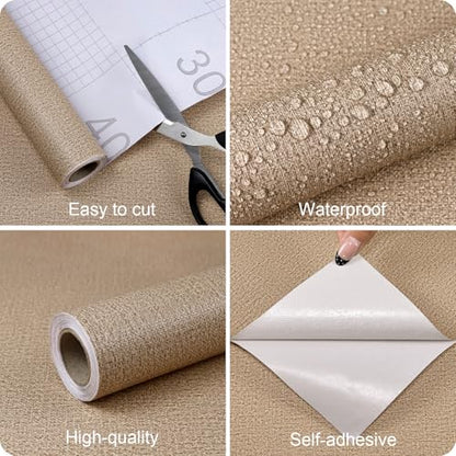 Grasscloth Peel and Stick Wallpaper Brown Textured Contact Paper, set of 17.3 x 480 Inches Removable Wallpaper for Bedroom, Countertop, Classroom, Cabinet and Drawer, Renter Friendly Wall Paper - color: Brown, size: 17.3" x 480"