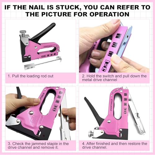 3-in-1 Pink Staple Gun, Manual Upholstery Staple Gun with 600 Staples for Crafts, Fabric, Furniture Repair, Wood & DIY