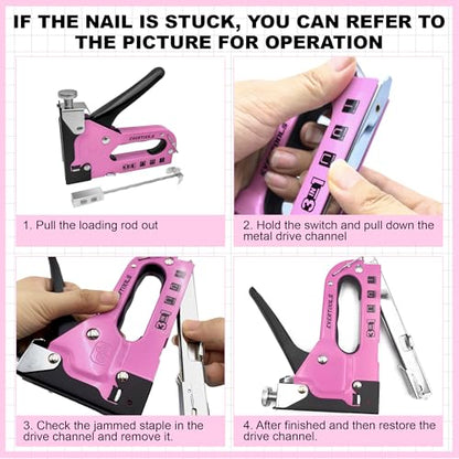 3-in-1 Pink Staple Gun, Manual Upholstery Staple Gun with 600 Staples for Crafts, Fabric, Furniture Repair, Wood & DIY