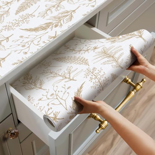 Quttisay Floral Shelf Liner for Cabinets Non Adhesive, Gold,12in x 10ft - color: Gold Floral, size: 11.8"W x 118.1"L