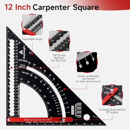 12 Inch Aluminum Carpenter Square, Woodworking Adjustable Rafter Framing Square, Measuring Angle Large Triangle Ruler Layout Tool, Multifunctional Carpentry Square, Gift for Carpenters - color: 12 Inch