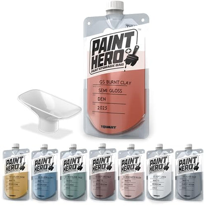 Paint Hero 8 Pack Paint Storage Bags - Airtight Refillable 1 Quart Pouches with Funnel