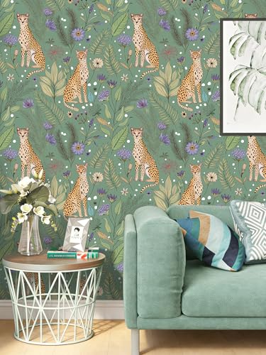Floralplus Cheetah Peel and Stick Wallpaper Sage Green Wallpaper - color: Sage Green, size: 17.5" x 118"