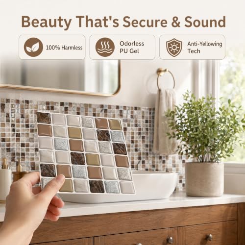 3D Mosaic Peel and Stick DIY Backsplash Tiles (24, Earthtone Brown) - color: Earthtone Brown