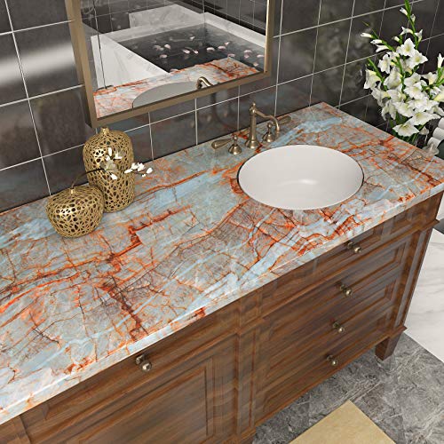 Livelynine 15.8"X197" Teal Marble Wallpaper Peel and Stick Countertop Waterproof Marble Contact Paper for Countertops Bathroom Self Adhesive Counter Top Vinyl Wrap Kitchen Table Desk Covers Counters - color: Blue Marble Contact Paper, size: 15.8" x 197"