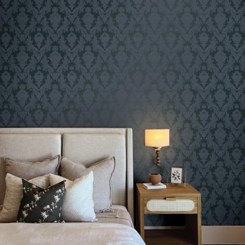 Tempaper Textured Black Damsel Removable Peel and Stick Damask Wallpaper, 20.5 in X 16.5 ft, Made in the USA - color: Black