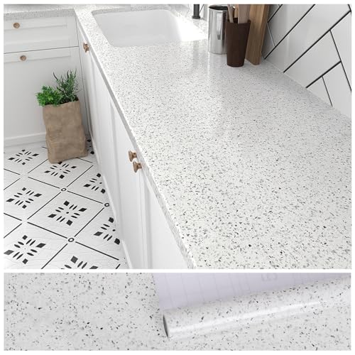 VEELIKE Granite Countertop Contact Paper Waterproof 118''x32'' Wide White Kitchen Countertop Peel and Stick White Marble Wallpaper Self Adhesive Countertop Paper Peel and Stick for Bathroom Wall Table - color: White, size: 32" x 118"