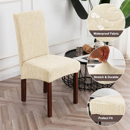 Waterproof Dining Room Chair Covers, Stretch Parsons Chair Slipcovers - color: Flower Pattern-beige, size: Large-4 Pack