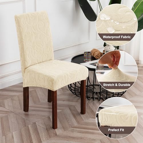 Waterproof Dining Room Chair Covers, Stretch Parsons Chair Slipcovers - color: Flower Pattern-beige, size: Large-6 Pack