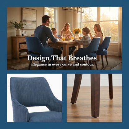 chairus Upholstered Farmhouse Dining Chairs Set of 4, Blue Linen Fabric Dining Room Chairs with Arms, Solid Wood Curved Back Kitchen Accent Side Chairs for Dining Room/Living Room, Blue - color: Blue