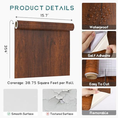 VEELIKE Auburn Cherry Wood Contact Paper Peel and Stick Wood Wallpaper for Kitchen Cabinets Furniture 15.7''x354'' Self Adhesive Waterproof Vinyl Wrap Wood Grain Contact Paper for Countertop Table Top - size: 15.7" x 354"