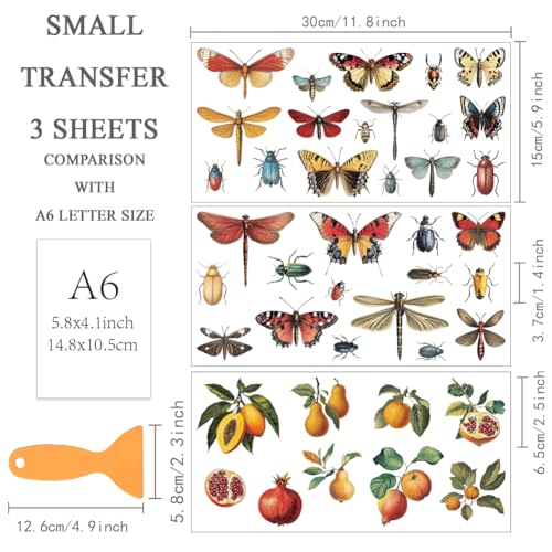 OLYCRAFT 3pcs/Set Insects Rub on Transfers for Furniture and Crafts 6x12 Inch Butterflies Furniture Decals Decor Fruits Furnitures Transfer Stickers for Wood Glass Decor Scrapbooking - style: Insect