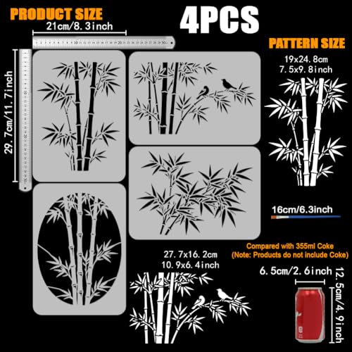 FINGERINSPIRE 4Pcs Bamboo Painting Stencil with Paintbrush 11.7x8.3inch Bamboo Leaves Pattern Painting Stencil Oriental Plant Leaves Stencils Reusable PET DIY Drawing Template for DIY Craft Home Decor - style: Bamboo