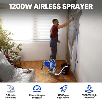 1200W Airless Paint Sprayer, 3300PSI High Efficiency Electric Paint Sprayer with Extension Rod, Thinning-Free Stand Airless Sprayer for Home Exterior and Interior, Garage, Deck, Furniture