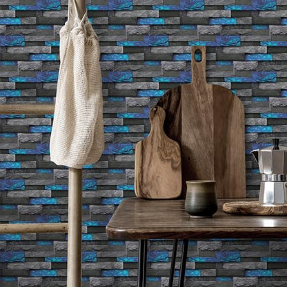 Alwayspon 24Pcs 12x6inch Peel&Stick Wall Sticker Vinly Wallpaper, Waterproof Backsplash for Kitchen Bathroom, Self-Adhesive Tile Transfers Decal Stick on Tiles with Blue Stone Brick Effect - color: Fg-l07, size: 24 Pcs